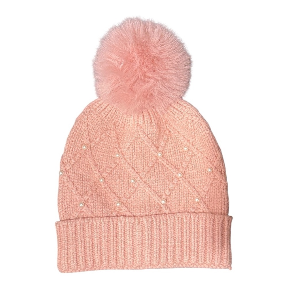 Pastel Pink Beaded Pearl Knit Pom Beanie by INC International Concepts